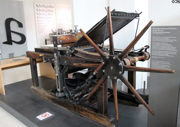 Litho printing star press (1848) by Johann Mannhardt of Munich used to print Bavarian survey maps drawn on 58x58cm stone slabs until 1960 using mechanism to keep paper absolutely straight at Deutsches Museum. Munich, Germany.