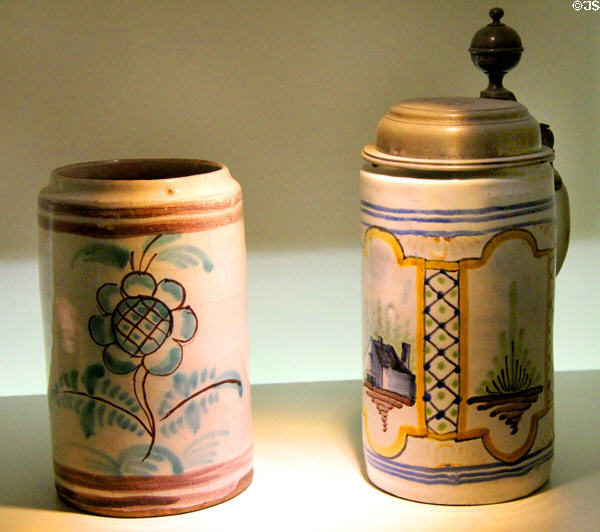Ceramic German beer mugs (late 18thC & 1821) at Deutsches Museum. Munich, Germany.