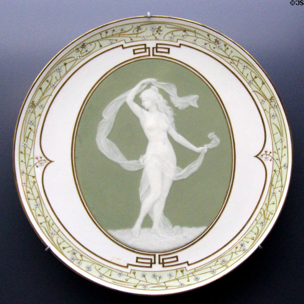 Porcelain plate using pâte-sur-pâte technique (c1895) from Berlin at Deutsches Museum. Munich, Germany.