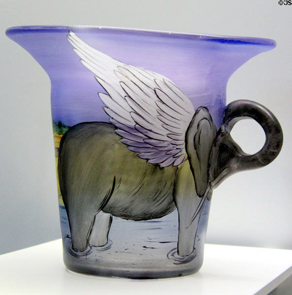 Glass vase with elephant design (1989) by Glashütte Valentin Eisch KG, of Frauenau at Deutsches Museum. Munich, Germany.