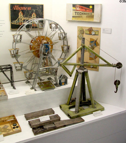 Ferris wheel, crane & other models built with metal Erector set-type construction sets (20thC) at Deutsches Museum. Munich, Germany.