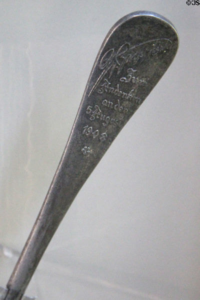 Memorial spoon made from aluminum from burned Zeppelin airship of Aug. 5, 1908 at Deutsches Museum. Munich, Germany.