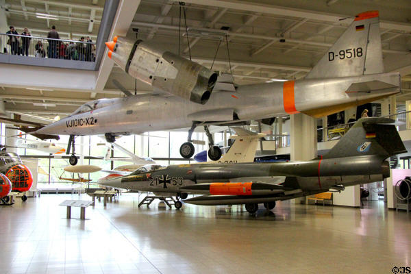 EWR Süd VJ 101 C-X2 (1965) experimental vertical take-off jet made in Munich over F-104G Starfighter at Deutsches Museum. Munich, Germany.