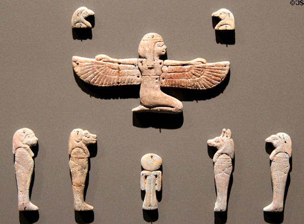 Egyptian amulets symbolizing deceased's souls (1500-500 BCE) at Museum Ägyptischer Kunst. Munich, Germany.