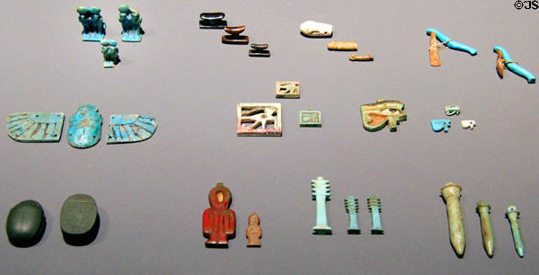 Egyptian amulets of faience & glass (1500-500 BCE) at Museum Ägyptischer Kunst. Munich, Germany.