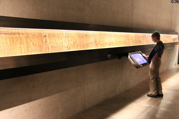Egyptian Book of the Dead on Papyrus (Ptolemaic Dynasty - 3rd-2ndC BCE) with movable computer screen at Museum Ägyptischer Kunst. Munich, Germany.
