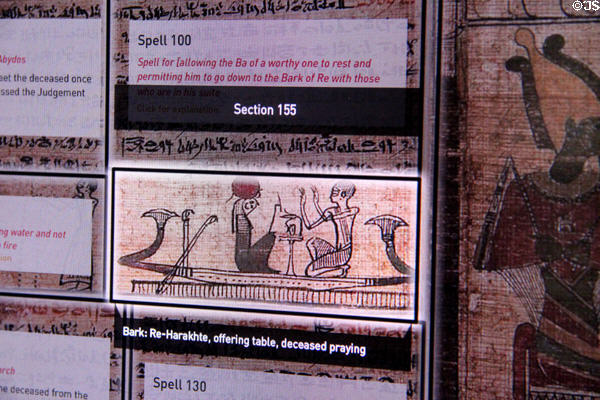 Computer screen explains Egyptian Book of the Dead as it moves at Museum Ägyptischer Kunst. Munich, Germany.