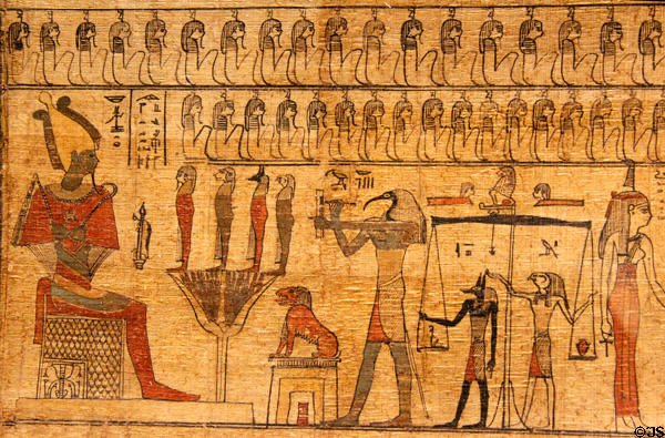 Detail of Egyptian Book of the Dead showing weighing of sole (Ptolemaic Dynasty - 3rd-2ndC BCE) at Museum Ägyptischer Kunst. Munich, Germany.