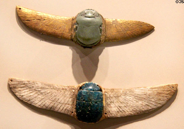 Two winged scarabs associated with sun god (6th-2ndC BCE) at Museum Ägyptischer Kunst. Munich, Germany.