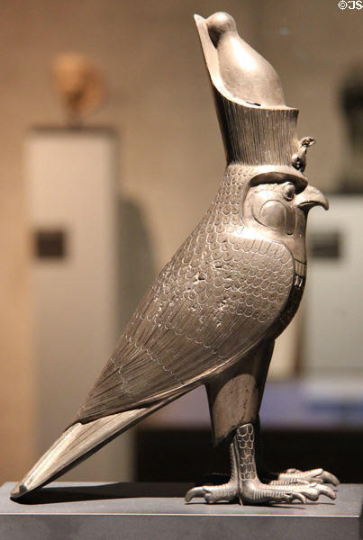 Silver statue of god Horus as falcon wearing double crown (27th Dynasty - c500 BCE) at Museum Ägyptischer Kunst. Munich, Germany.