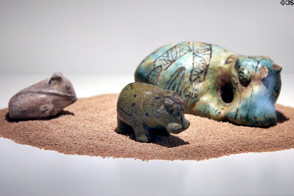 Faience figures of hippos & mouse (12th Dynasty - 2000-1800 BCE) at Museum Ägyptischer Kunst. Munich, Germany.