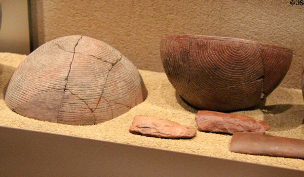Neolithic ceramic incised bowls (5000-4000 BCE) found in Egypt at Museum Ägyptischer Kunst. Munich, Germany.
