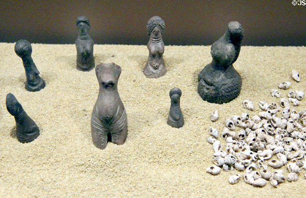 Neolithic stone & ceramic female figures & objects (5000-4000 BCE) found in Egypt at Museum Ägyptischer Kunst. Munich, Germany.
