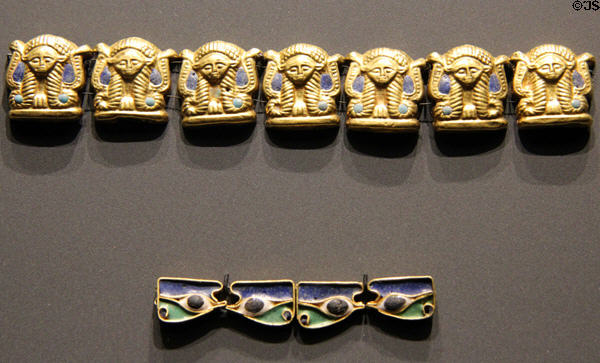 Chain links with head of Hathor & Eyes of Horus of gold & glass at Museum Ägyptischer Kunst. Munich, Germany.