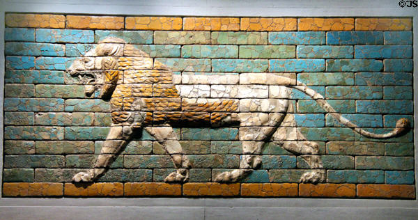 Striding lion, sacred animal of goddess Ishtar (c580 BCE) from Babylon procession street at Museum Ägyptischer Kunst. Munich, Germany.