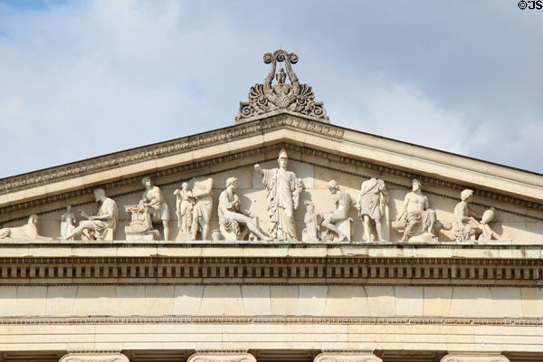 Pediment with Athena protecting sculptural arts (c1830) by Johann Martin von Wagner over entrance of Glyptothek. Munich, Germany.