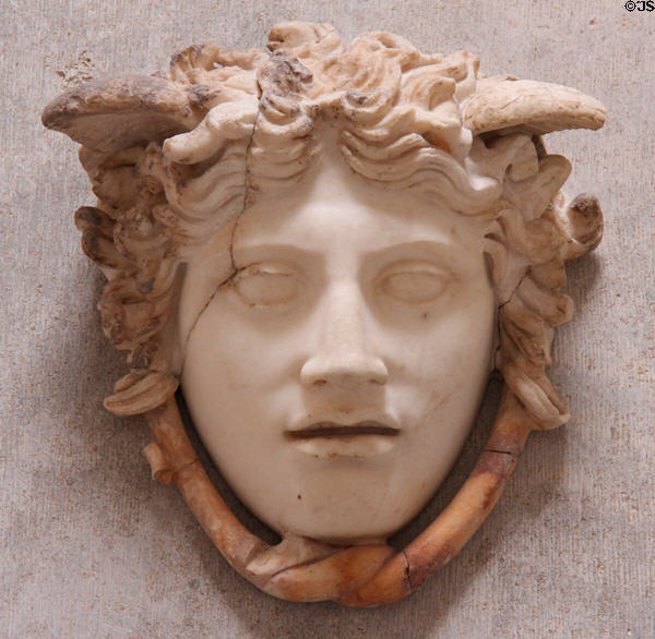 Gorgo Medusa Rondanini sculpted face (c440 BCE) Roman marble copy of Greek original at Glyptothek. Munich, Germany.