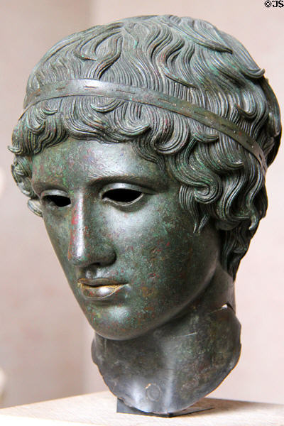 Boy with victor's fillet bronze head (c450 BCE) Roman copy of Greek original at Glyptothek. Munich, Germany.