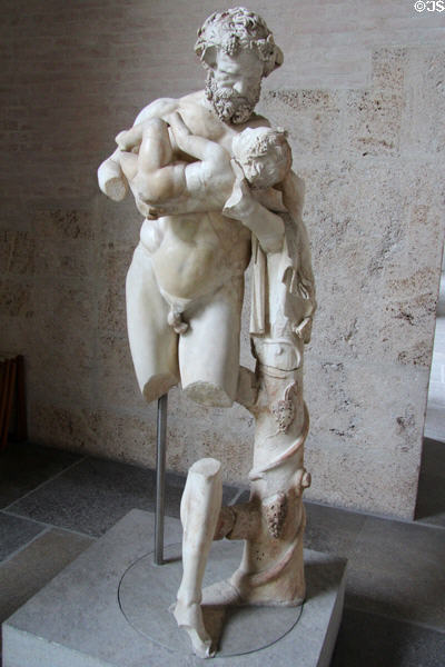 Fatherly silen with young Dionysus (c310 BCE) Roman copy of original by sculptor Lysippus at Glyptothek. Munich, Germany.