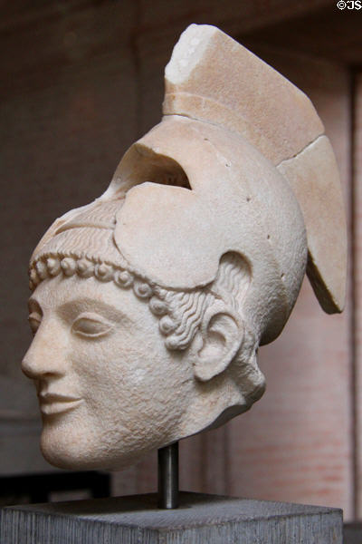 Head of a warrior from west pediment of Temple of Aphaia on Aegina (c510 BCE) at Glyptothek. Munich, Germany.