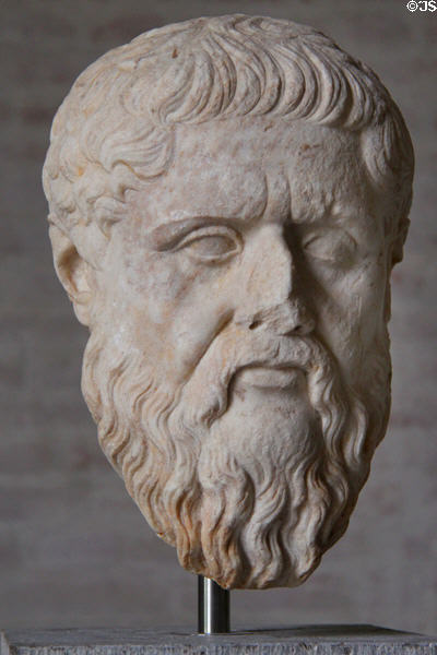 Portrait head of philosopher Plato (c340 BCE) Roman copy of Greek original by Silanion of Athens at Glyptothek. Munich, Germany.