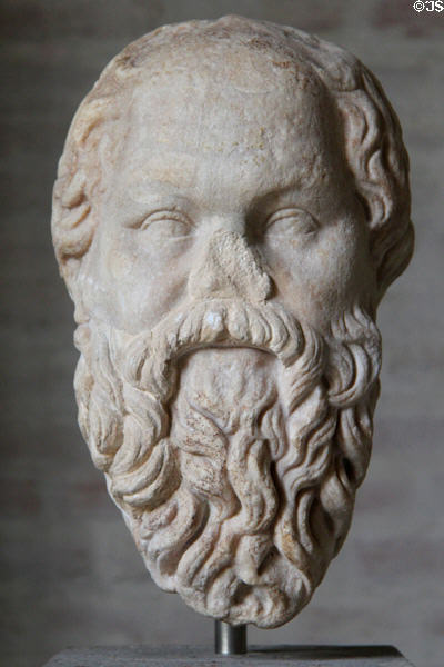 Portrait head of philosopher Socrates (c330 BCE) Roman copy of Greek original by Lysippus of Athens at Glyptothek. Munich, Germany.