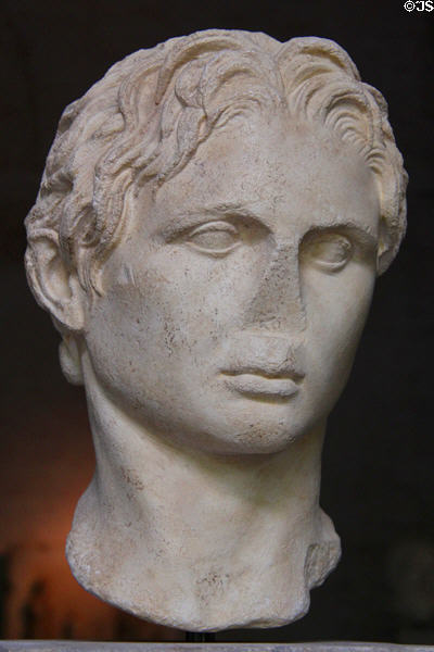 Portrait head of Alexander the Great (c330 BCE) Roman copy of Greek original by Lysippus of Athens at Glyptothek. Munich, Germany.