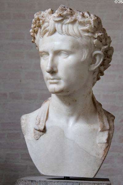 Roman Emperor Augustus (ruled 31 BCE-14 CE) with oak leaf crown portrait bust (after 27 BCE) at Glyptothek. Munich, Germany.