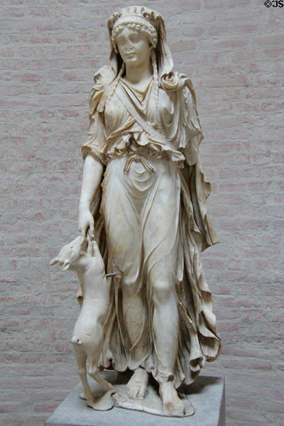 Artemis Braschi goddess of hunt with fawn statue (c50 CE) Roman copy of Greek original at Glyptothek. Munich, Germany.