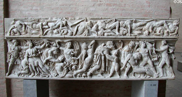 Roman sarcophagus with Apollo & Artemis killing 14 children of Niobe (c150 CE) at Glyptothek. Munich, Germany.