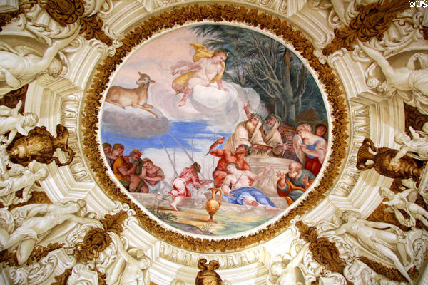 Rococo ceiling fresco (1684) to glorify Diana, goddess of the hunt by Francesco Rosa, Giovanni Trubillo & Johann Anton Gumpp in Lustheim Palace at Oberschleißheim. Munich, Germany.