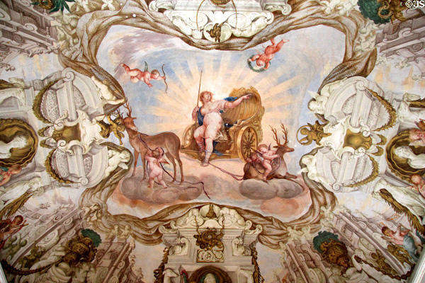 Rococo ceiling fresco (1684) to glorify Diana, goddess of the hunt by Francesco Rosa, Giovanni Trubillo & Johann Anton Gumpp in Lustheim Palace at Oberschleißheim. Munich, Germany.