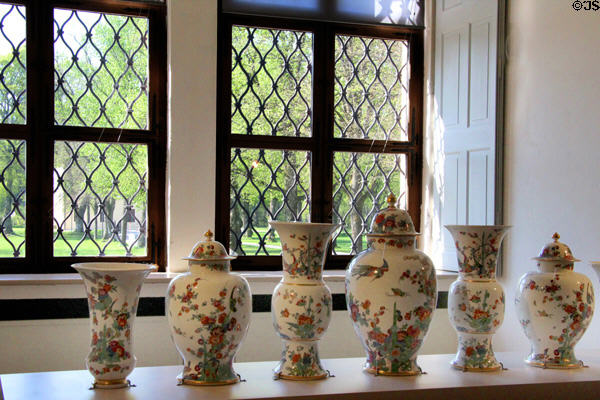 Array of Meissen vases (c1730) at Meissen porcelain museum at Lustheim Palace. Munich, Germany.