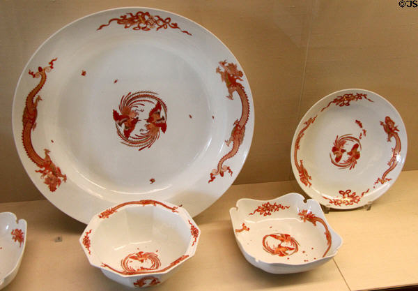 Meissen porcelain serving dishes with red dragon pattern (1735) at Meissen porcelain museum at Lustheim Palace. Munich, Germany.
