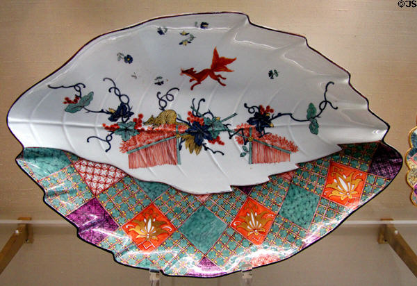 Meissen porcelain leaf bowl with net & red squirrel design after Japanese pattern (c1740) at Meissen porcelain museum at Lustheim Palace. Munich, Germany.