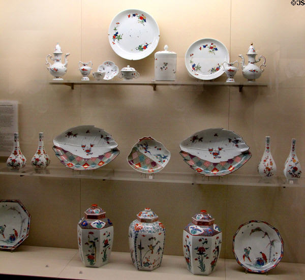 Array of Meissen porcelain painted after Japanese patterns (1720s-40s) at Meissen porcelain museum at Lustheim Palace. Munich, Germany.