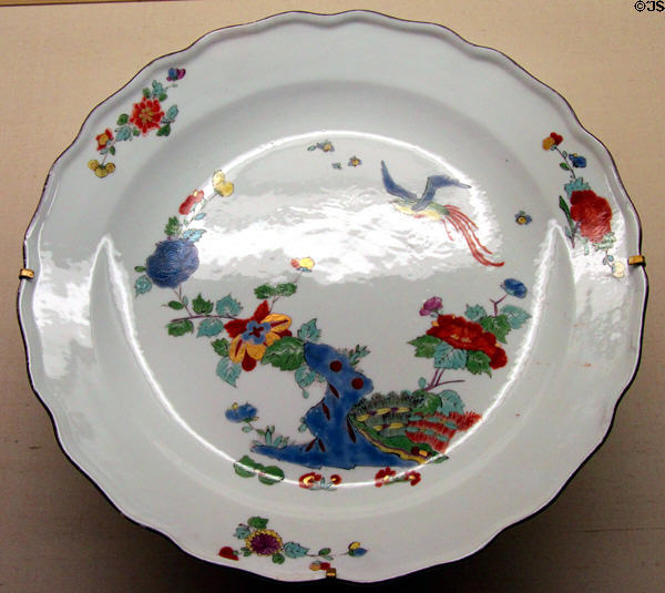 Meissen porcelain plate (c1735) with phoenix & peonies at Meissen porcelain museum at Lustheim Palace. Munich, Germany.