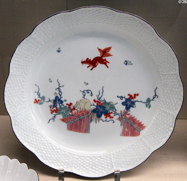 Meissen porcelain plate with red squirrel design after Japanese pattern (c1740) at Meissen porcelain museum at Lustheim Palace. Munich, Germany.