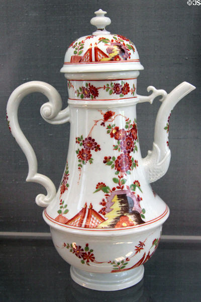 Meissen porcelain coffee pot (c1730) prob. Johann Ehrenfried Stadler at Meissen porcelain museum at Lustheim Palace. Munich, Germany.