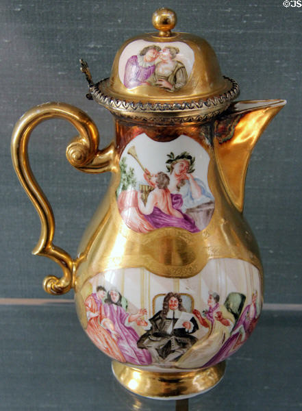 Meissen porcelain coffee pot with scenes from plays of Moliere (c1740-3) by Abraham Seutter after book by John Watts at Meissen porcelain museum at Lustheim Palace. Munich, Germany.