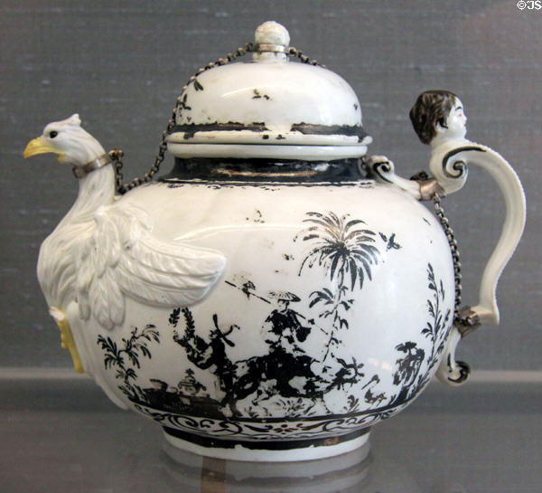 Meissen porcelain teapot with eagle spout plus black & white Chinese scene oxidized from original silver paint (c1725-30) by Abraham Seutter at Meissen porcelain museum at Lustheim Palace. Munich, Germany.