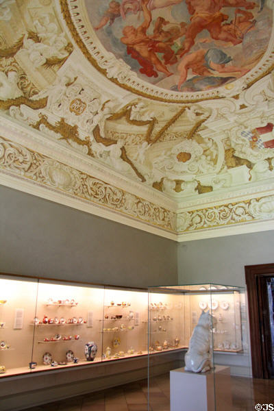 Lustheim Palace ceiling rococo fresco over gallery of Meissen porcelain. Munich, Germany.