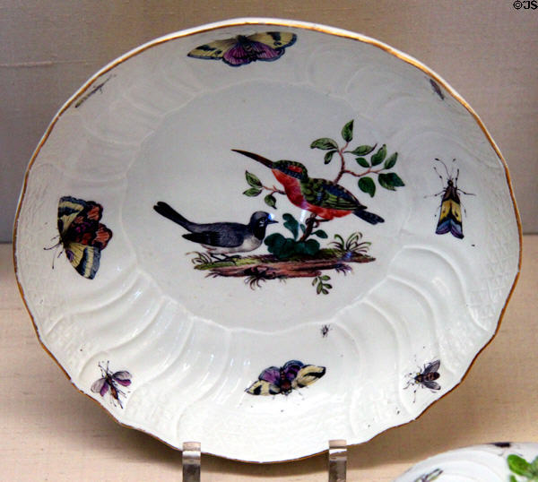 Meissen porcelain bowl painted with birds & insects (late 1700s) at Meissen porcelain museum at Lustheim Palace. Munich, Germany.