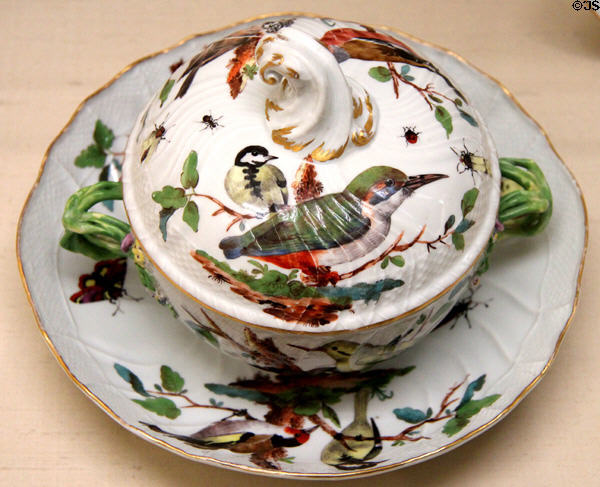 Meissen porcelain white sugar dish (c1760) painted with birds & insects at Meissen porcelain museum at Lustheim Palace. Munich, Germany.