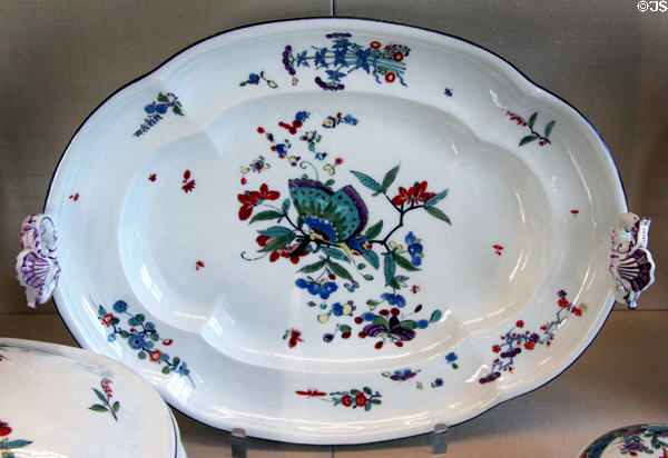 Meissen porcelain serving dishes (c1740) painted with butterflies in green shades at Meissen porcelain museum at Lustheim Palace. Munich, Germany.