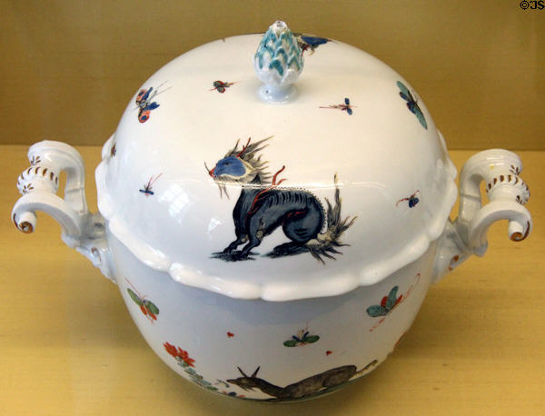 Meissen porcelain covered terrine (c1735) in imaginary animal series at Meissen porcelain museum at Lustheim Palace. Munich, Germany.