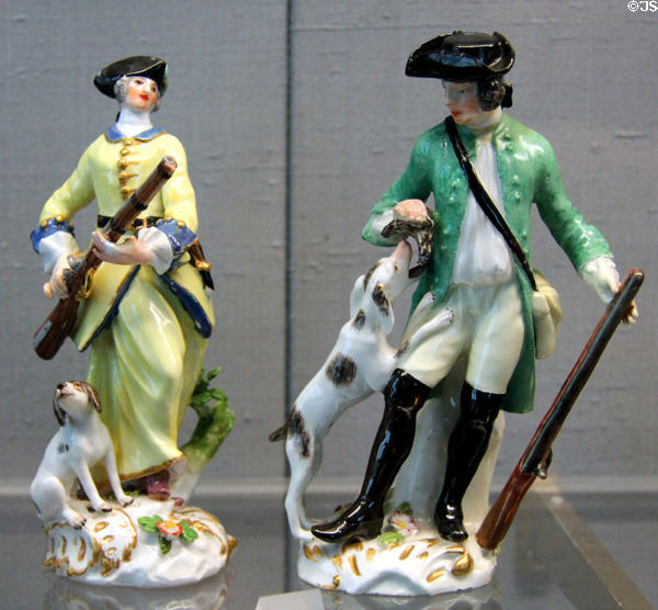 Meissen porcelain hunter & huntress figures (1743-4) by Johann Friedrich Eberlein at Meissen porcelain museum at Lustheim Palace. Munich, Germany.