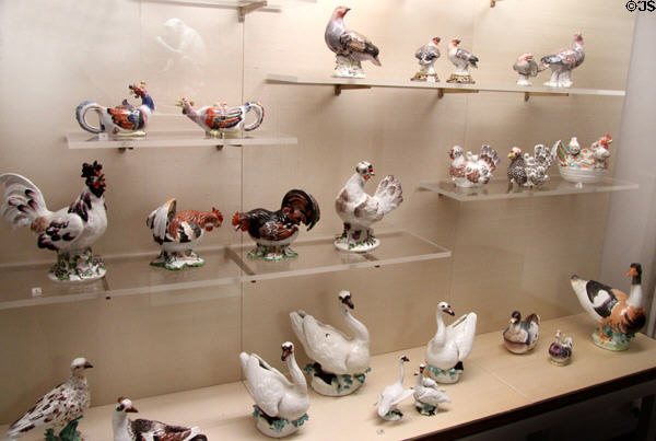 Collection of porcelain bird figures (c1730-40s) done under sculpting dept. of Johann Joachim Kaendler at Meissen porcelain museum at Lustheim Palace. Munich, Germany.