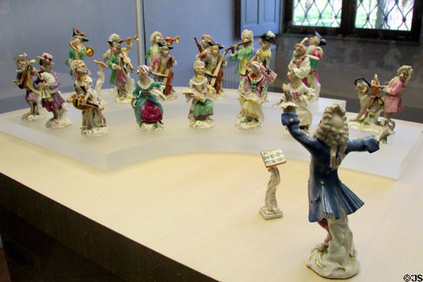 Meissen porcelain monkey orchestra by Johann Joachim Kaendler (1753) &/or Peter Reinicke (1765-6) at Meissen porcelain museum at Lustheim Palace. Munich, Germany.