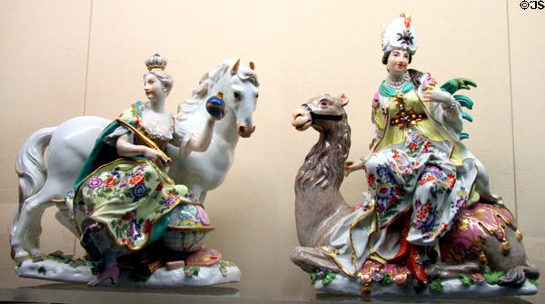 Meissen porcelain symbolic figures of continents of Europe & Asia (1745-7) by J.F. Eberlein & P. Reinicke under J.J. Kaendler at Meissen porcelain museum at Lustheim Palace. Munich, Germany.